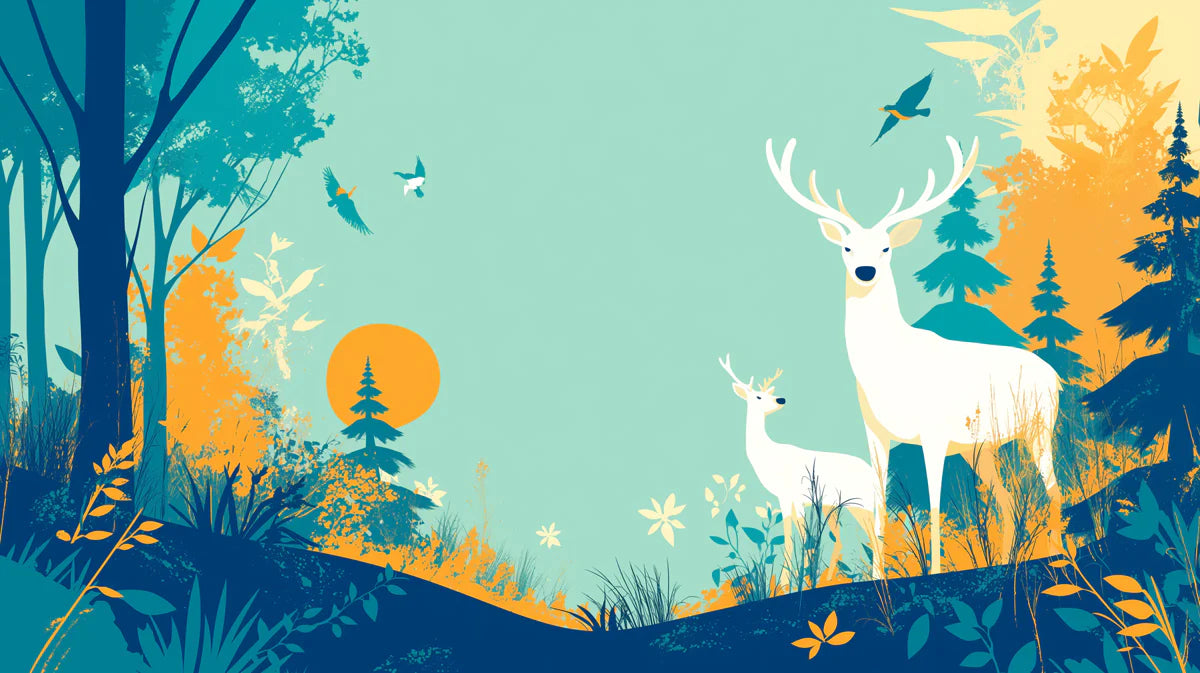 Teal Night Forest with Deer Mural Wallpaper Teal, White and Beige Deer -3 Mural Wallpaper - room preview 02