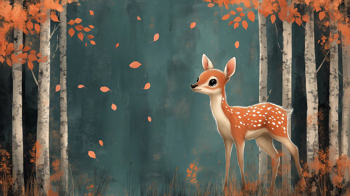Blue Forest with Deer and Autumn Leaves Mural Wallpaper for a playroom Blue, Orange and White Dear Mural Wallpaper - room preview 02