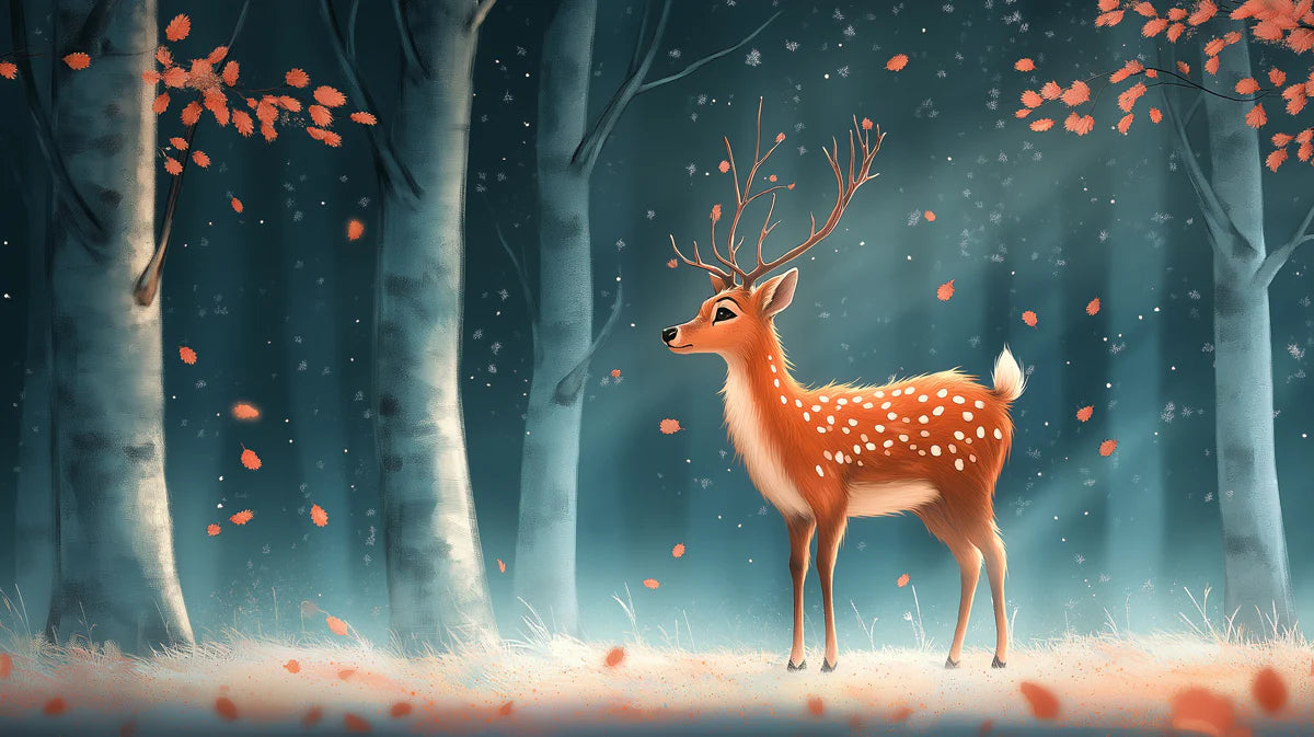 Blue Forest with Deer and Autumn Leaves Mural Wallpaper for a Nursey Blue, Orange and White Dear Mural Wallpaper - room preview 02