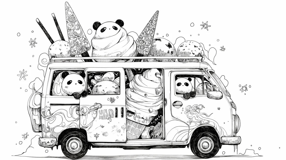 Black and White Panda Ice Cream Van Mural Wallpaper Black, White and Gray Panda -1 Mural Wallpaper - room preview 02