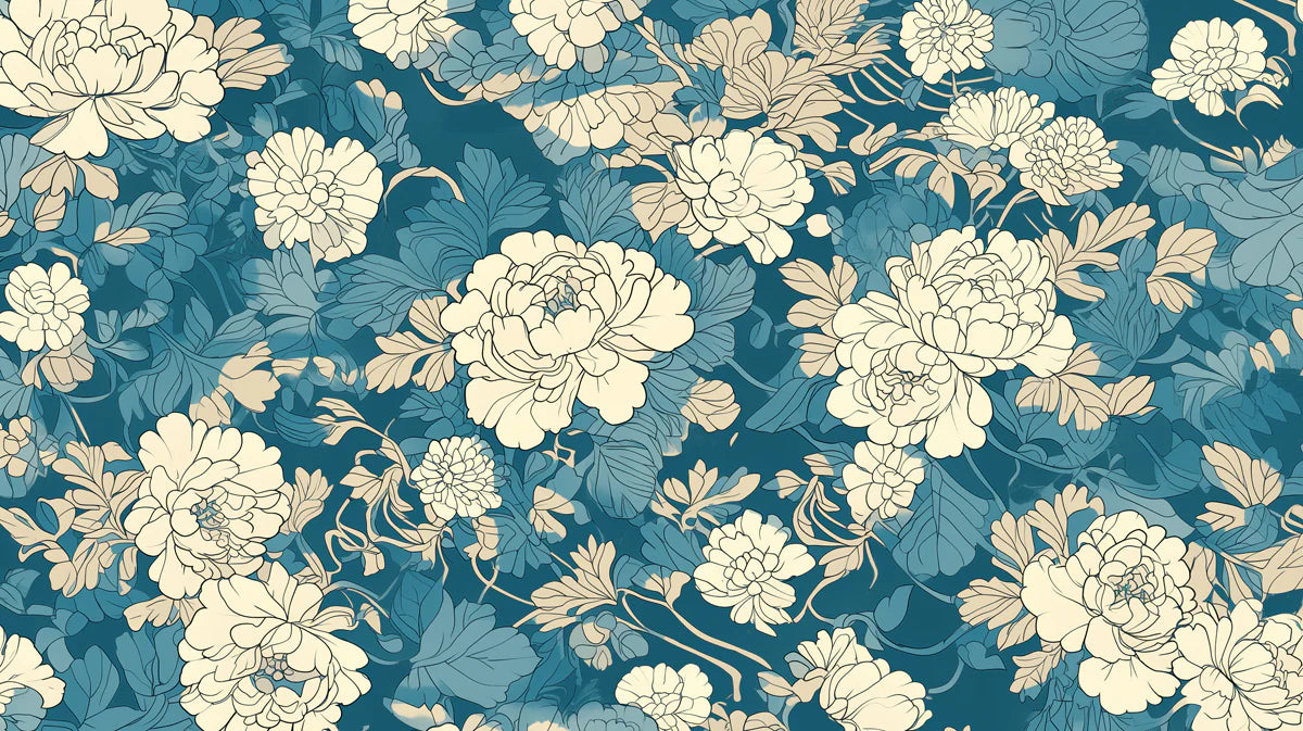 Teal and Cream Floral Mural Wallpaper Teal, Cream and Light Blue Flower -1 Mural Wallpaper - room preview 02