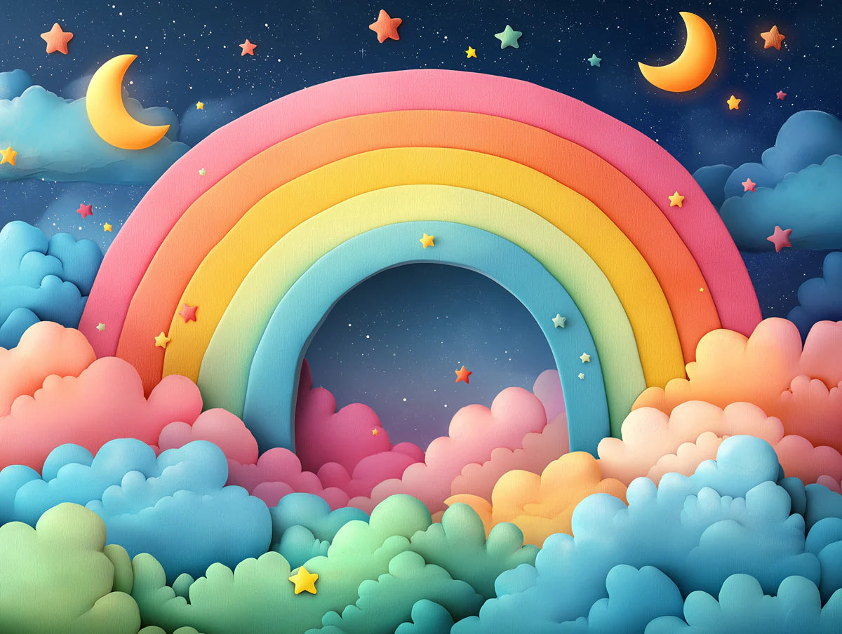 Rainbow and Stars Mural Wallpaper Blue, Pink, Yellow, Green and White Rainbow Stars -1 Mural Wallpaper - room preview 02
