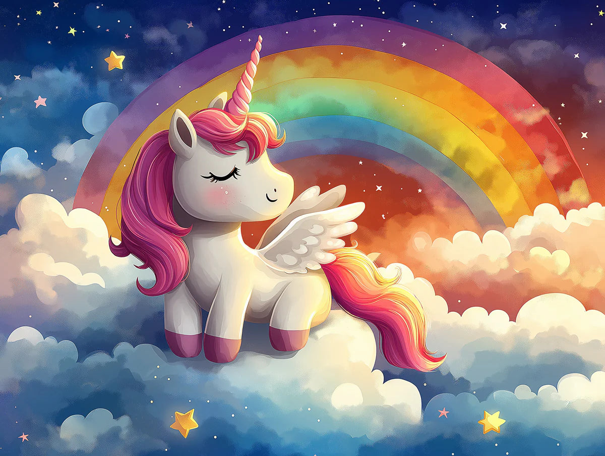 Unicorn and Rainbow Mural Wallpaper Pink, Purple, Yellow, Blue and White Unicorn -2 Mural Wallpaper - room preview 02