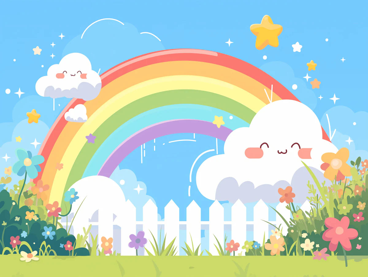 Rainbow and Clouds with Fence Mural Wallpaper Pink, Green, Blue, Yellow and White Rainbow -1 Mural Wallpaper - room preview 02