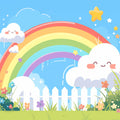 Rainbow and Clouds with Fence Mural Wallpaper Pink, Green, Blue, Yellow and White Rainbow -1 Mural Wallpaper - room preview 02
