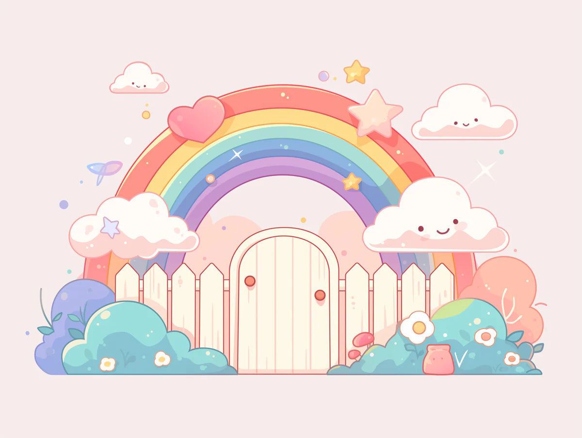 Rainbow and Clouds with Fence Mural Wallpaper Pink, Green, Blue, Yellow and White Rainbow -2 Mural Wallpaper - room preview 02