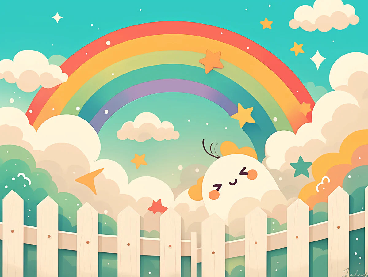 Rainbow and Clouds with Fence Mural Wallpaper Pink, Green, Blue, Yellow and White Rainbow -3 Mural Wallpaper - room preview 02