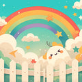 Rainbow and Clouds with Fence Mural Wallpaper Pink, Green, Blue, Yellow and White Rainbow -3 Mural Wallpaper - room preview 02