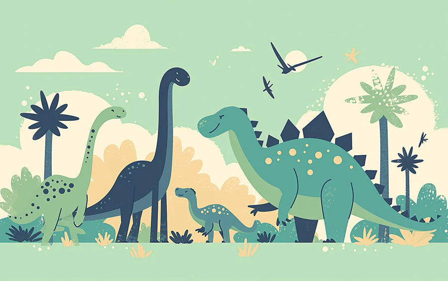 Dinosaur Wallpaper Mural – Kids Dino Wall Mural – Dinosaur Landscape Yellow, Green, Blue and Brown Dinosaur -3 printable artwork