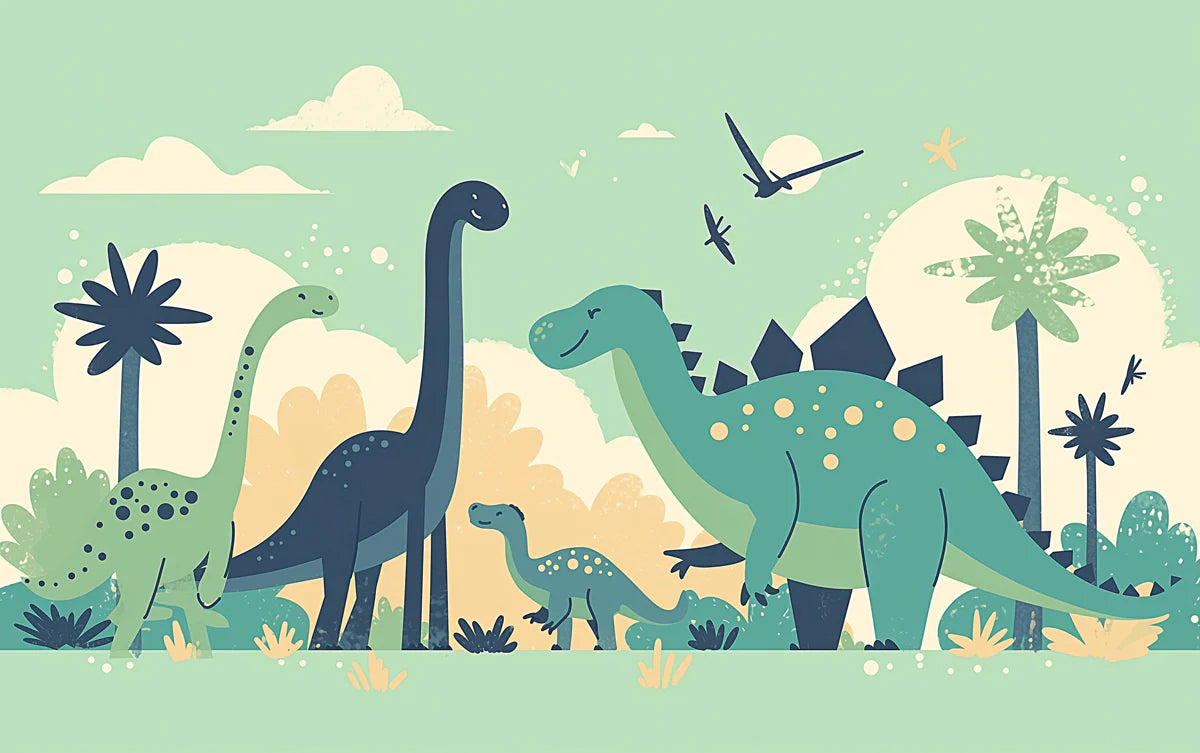 Dinosaur Landscape Mural Wallpaper Yellow, Green, Blue and Brown Dinosaur -3 Mural Wallpaper - room preview 02
