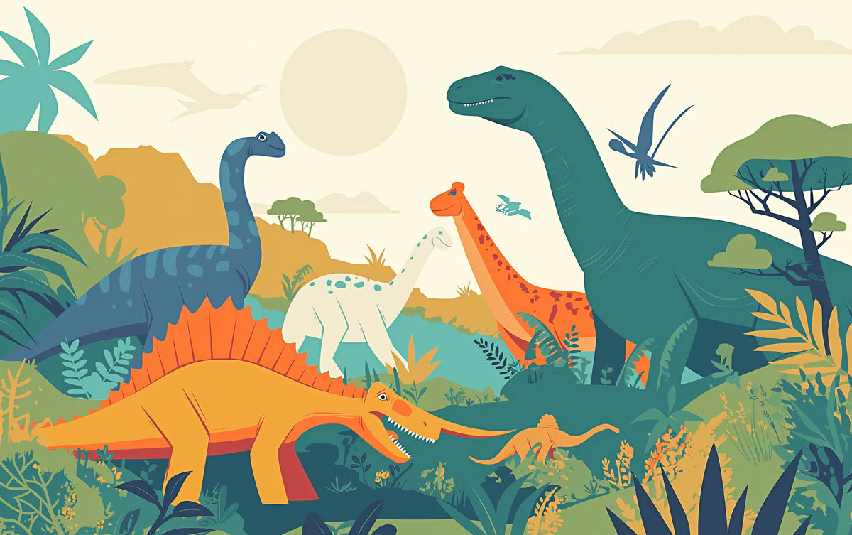 Dinosaur Landscape Mural Wallpaper Yellow, Green, Blue and Brown Dinosaur -4 Mural Wallpaper - room preview 02