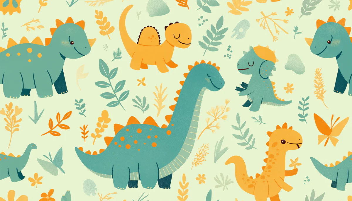 Cute Dinosaur Pattern Mural Wallpaper Green, Orange, Blue and White Dinosaur -1 Mural Wallpaper - room preview 02