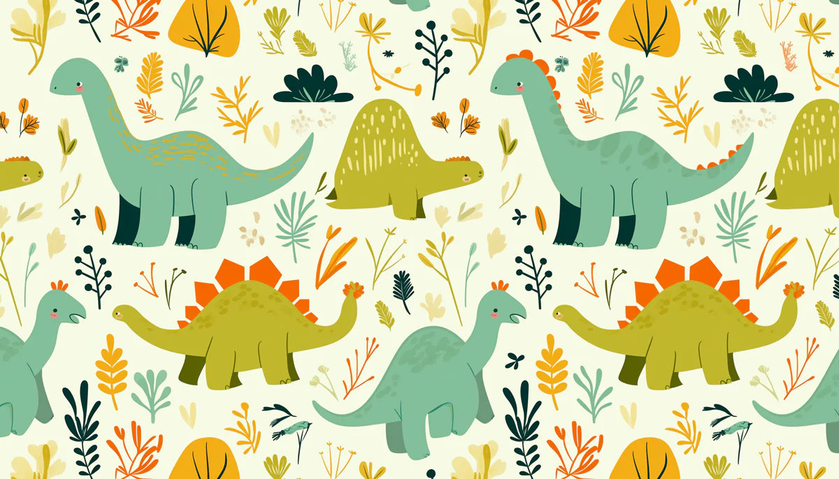 Cute Dinosaur Pattern Mural Wallpaper Green, Orange, Blue and White Dinosaur -2 Mural Wallpaper - room preview 02