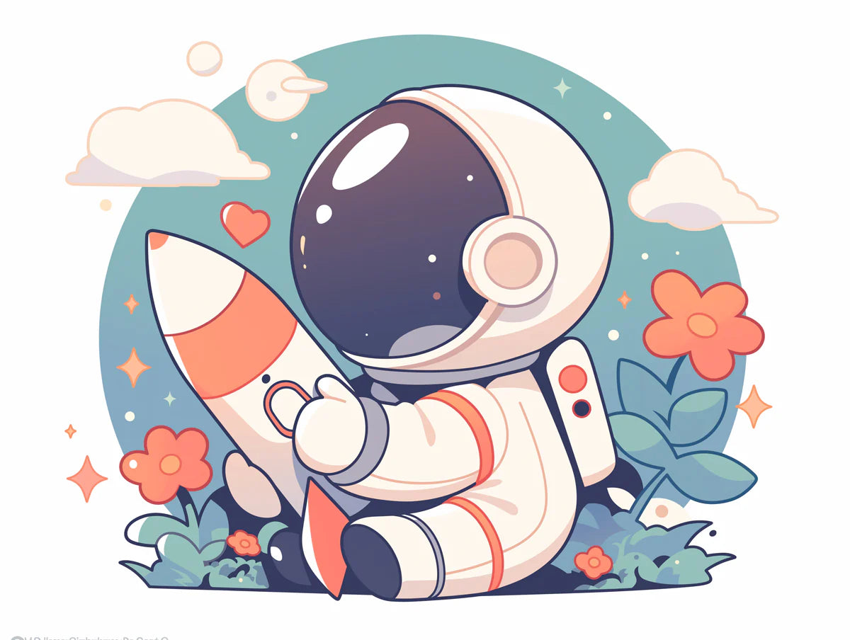 Cute Astronaut with Rocket Mural Wallpaper Blue, Orange, White and Pink Astronaut -1 Mural Wallpaper - room preview 02
