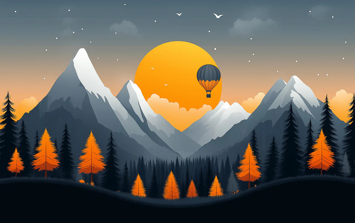 Mountain Sunset with Hot Air Balloons Mural Wallpaper Orange, Blue, Gray and Green Mountain Mural Wallpaper - room preview 02