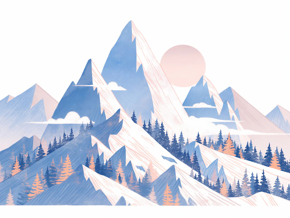 Blue Mountain and Sun Mural Wallpaper for a living room Blue, Orange and White Mountain Mural Wallpaper - room preview 02