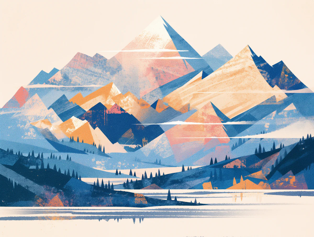 Blue Mountain and Sun Mural Wallpaper for a study Blue, Orange and White Mountain Mural Wallpaper - room preview 02