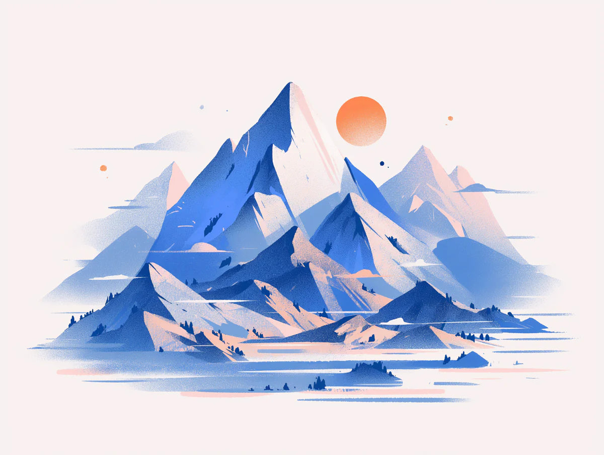 Blue Mountain and Sun Mural Wallpaper for a living room Blue, Orange and White Mountain -3 Mural Wallpaper - room preview 02