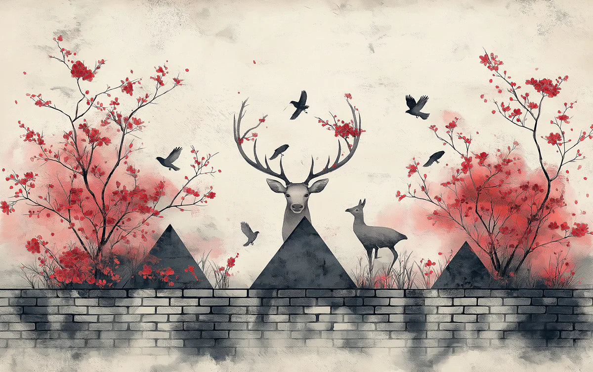 Deer Head with Roses Mural Wallpaper White, Gray, Red and Brown Deer -1 Mural Wallpaper - room preview 02