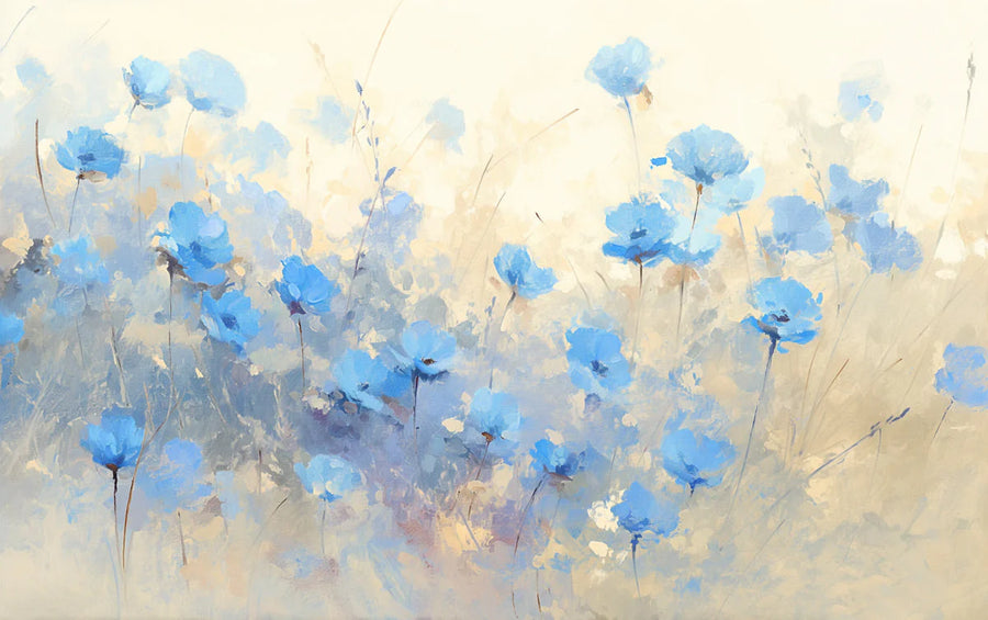 Floral Wallpaper Mural – Flower Wallpaper – Blue Flower Field Blue Beige and Brown Flower printable artwork