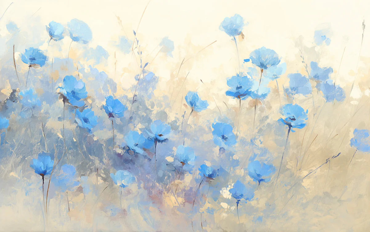 Blue Flower Field Mural Wallpaper Blue Beige and Brown Flower Mural Wallpaper - room preview 02