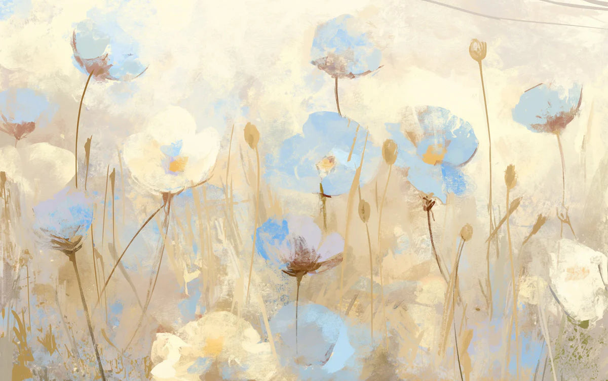 Blue Flower Field Mural Wallpaper for Study Blue Beige and Brown Flower Mural Wallpaper - room preview 02