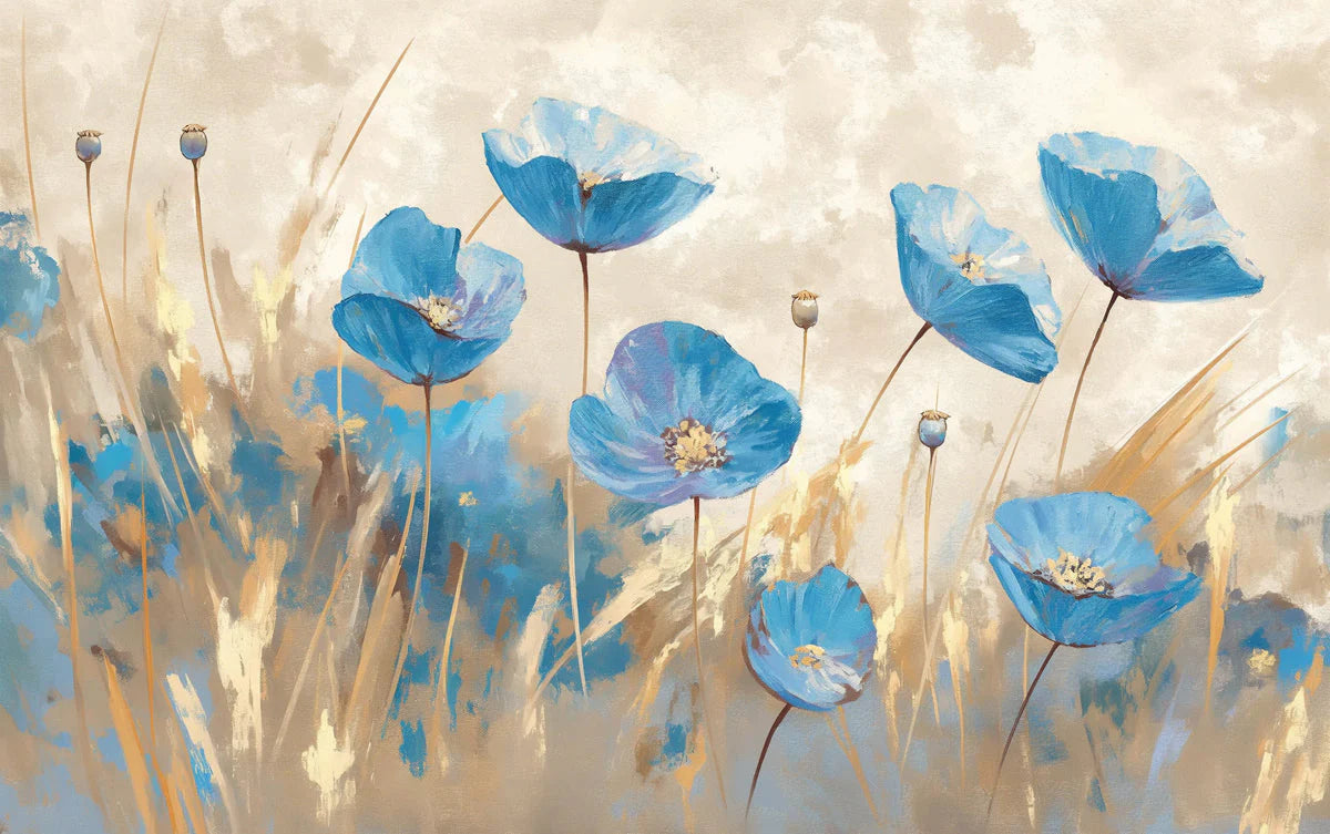 Blue Flower Field Mural Wallpaper for Study room Blue Beige and Brown Flower Mural Wallpaper - room preview 02
