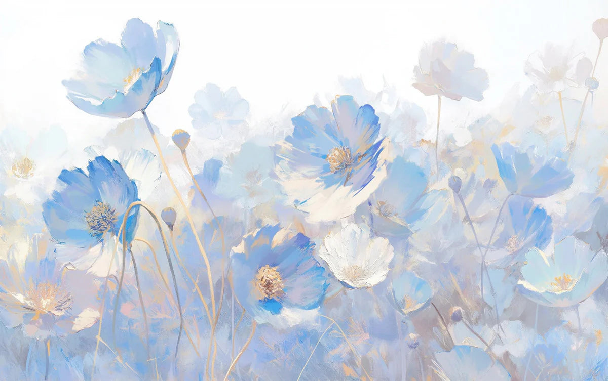 Blue Flower Field Mural Wallpaper for a living room Blue Beige and Brown Flower Mural Wallpaper - room preview 02