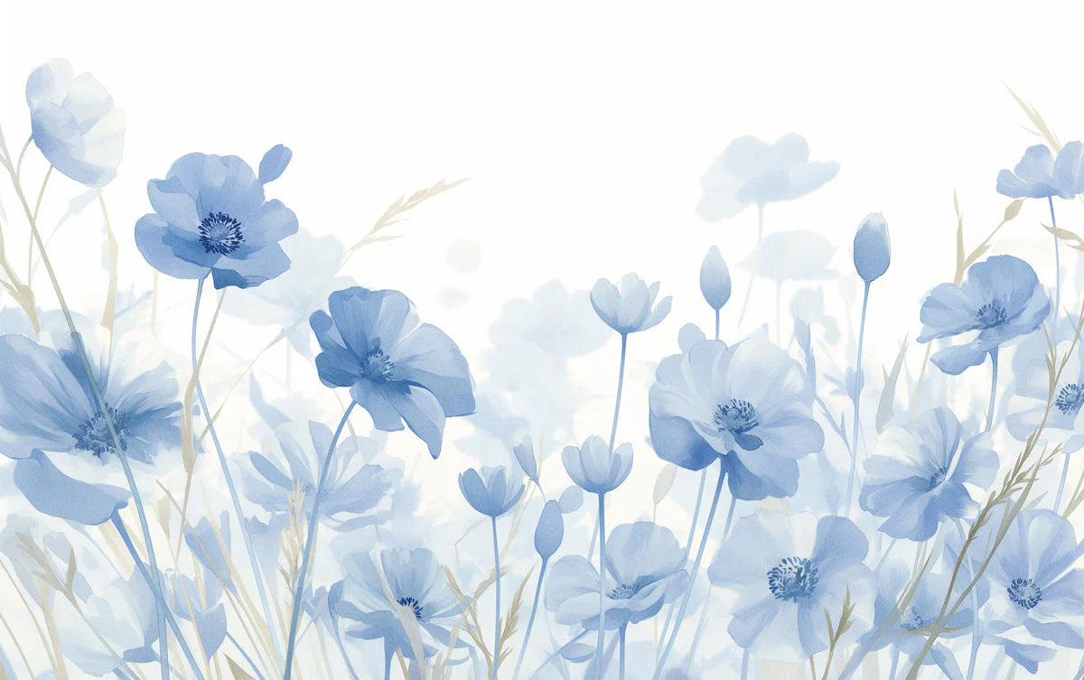 Blue Flower Field Mural Wallpaper Blue Beige and Brown Flower Mural Wallpaper - room preview 02