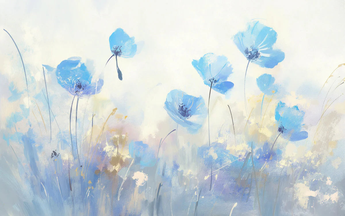 Blue Flower Field Mural Wallpaper for a bedroom's wall Blue Beige and Brown Flower Mural Wallpaper - room preview 02