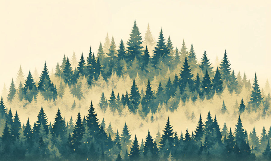 Papier Peint Mural Forêt Brumeuse Vert, Bleu et Beige - 1 Papier Peint Mural printable artwork