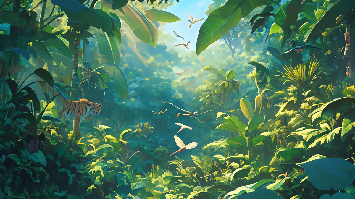Tropical Jungle with Tiger Mural Wallpaper Green, Yellow and Blue Jungle Mural Wallpaper - room preview 02