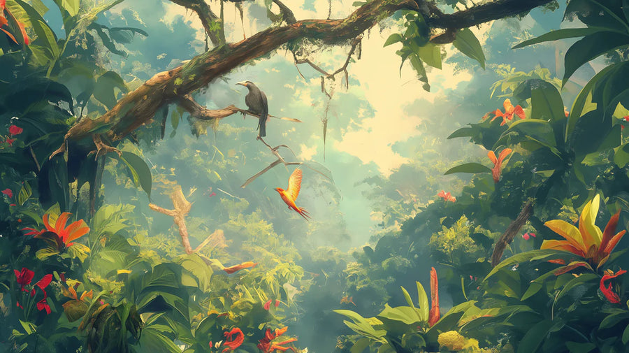 Forest Wallpaper Mural – Woodland Wall Mural – Tropical Forest with Parrot Green, Yellow, Blue and Red Forest printable artwork