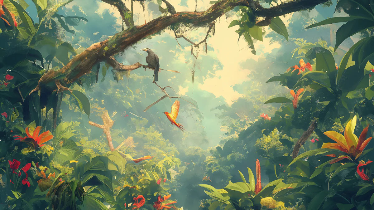 Tropical Forest with Parrot Mural Wallpaper Green, Yellow, Blue and Red Forest Mural Wallpaper - room preview 02