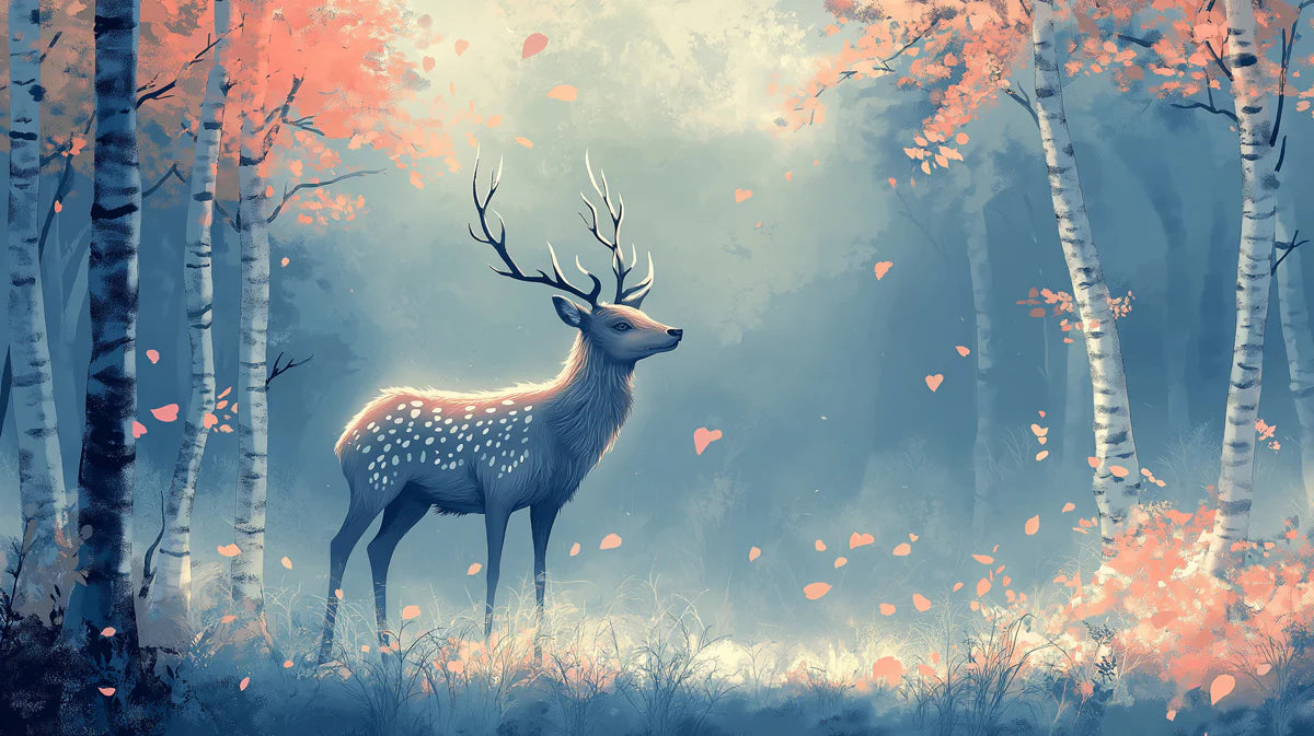 Blue Forest with Deer and Autumn Leaves Mural Wallpaper for a kid's room Blue, Orange and White Dear Mural Wallpaper - room preview 02