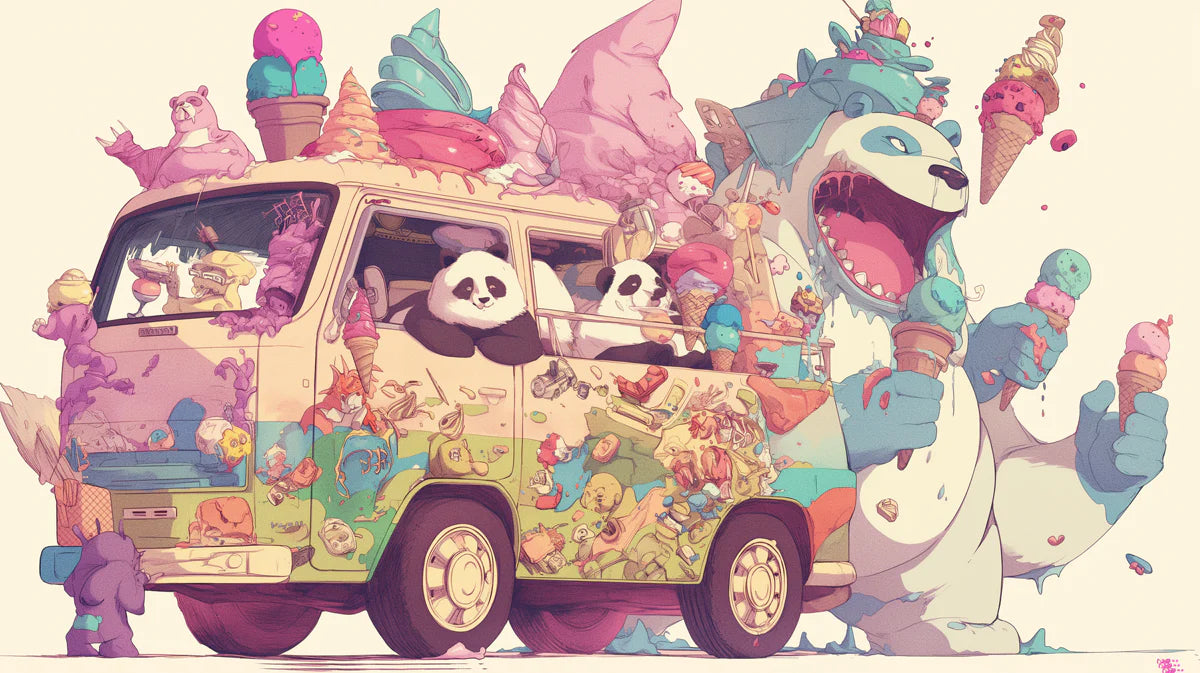 Colorful Panda Ice Cream Van Mural Wallpaper Various Colors Panda Mural Wallpaper - room preview 02