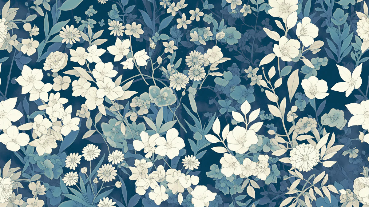 Navy Blue Floral Mural Wallpaper Navy Blue, Light Blue and White Flower Mural Wallpaper - room preview 02