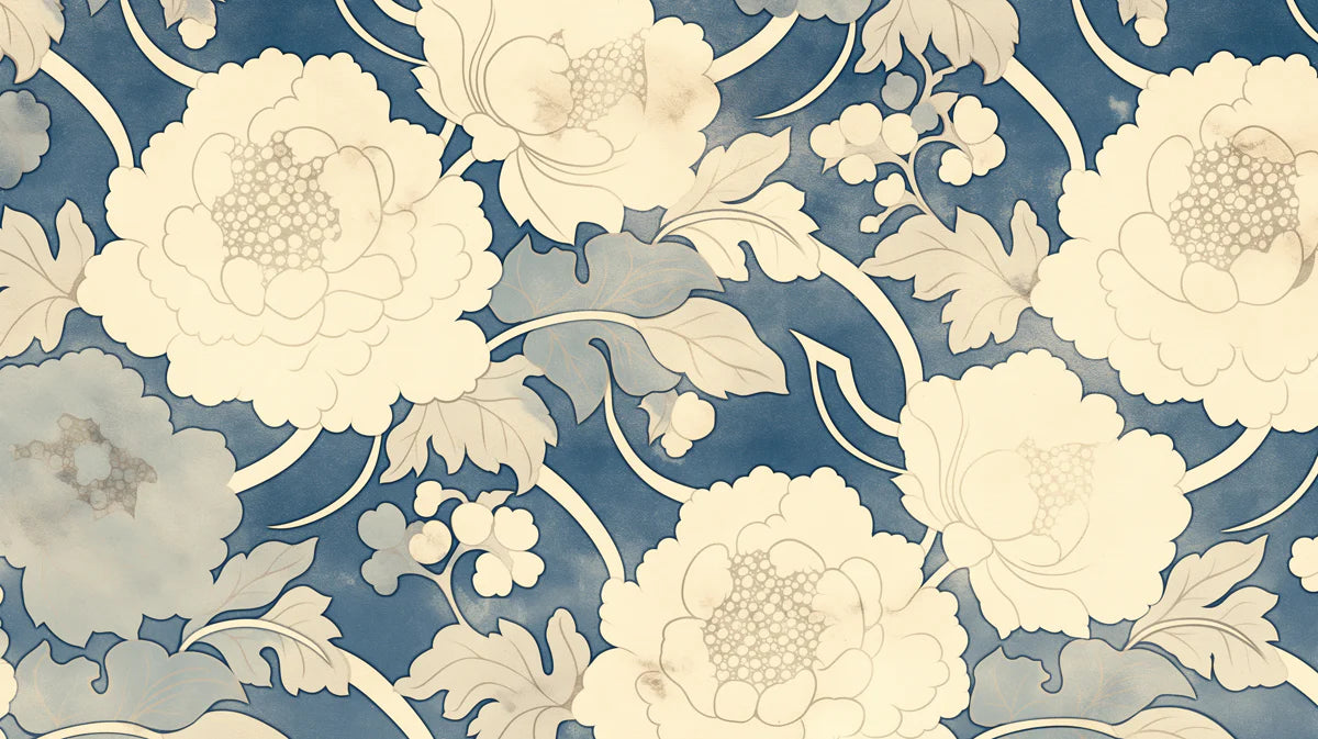 Blue and Cream Floral Mural Wallpaper Blue, Cream and Light Blue Flower Mural Wallpaper - room preview 02