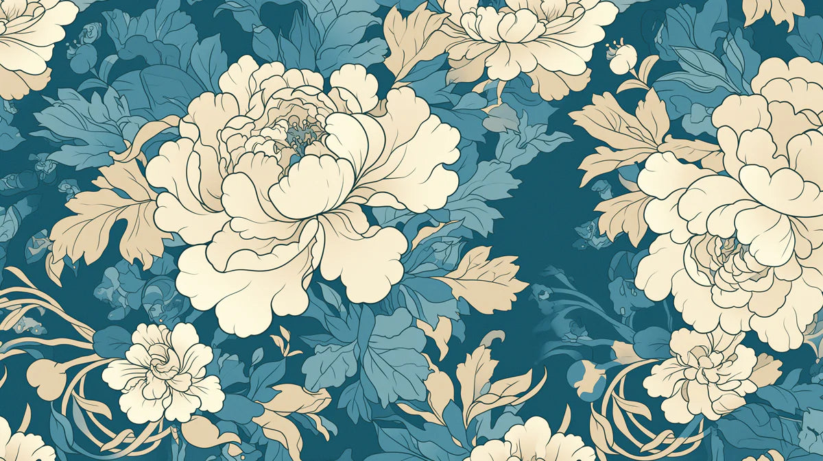 Teal and Cream Floral Mural Wallpaper Teal, Cream and Light Blue Flower Mural Wallpaper - room preview 02