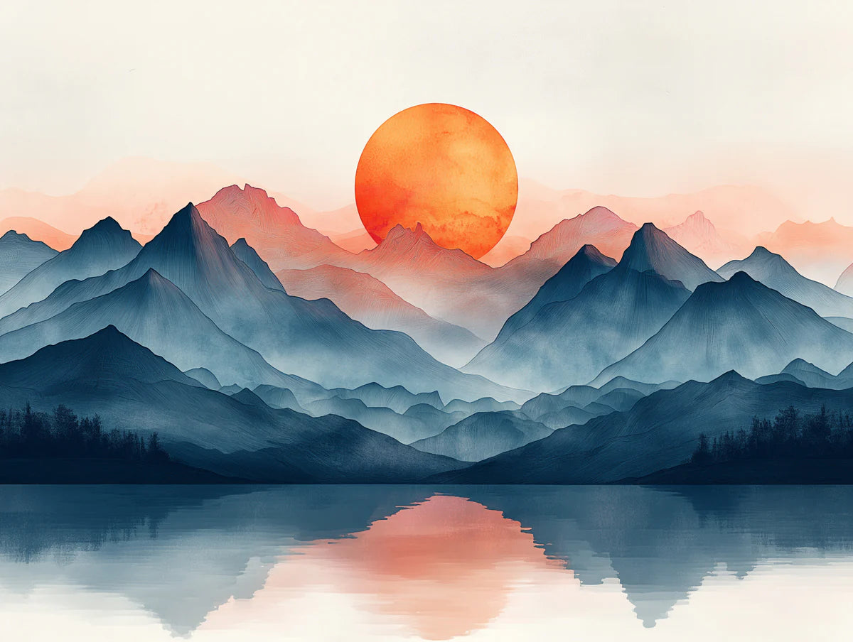 Mountain Sunset Mural Wallpaper for a Reading room Orange, Red, Blue and Gray Sunset Mural Wallpaper - room preview 02