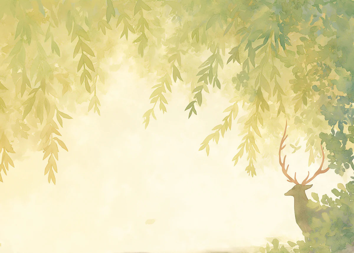 Deer and Leafy Canopy Mural Wallpaper Green, Yellow and Beige Deer -2 Mural Wallpaper - room preview 02