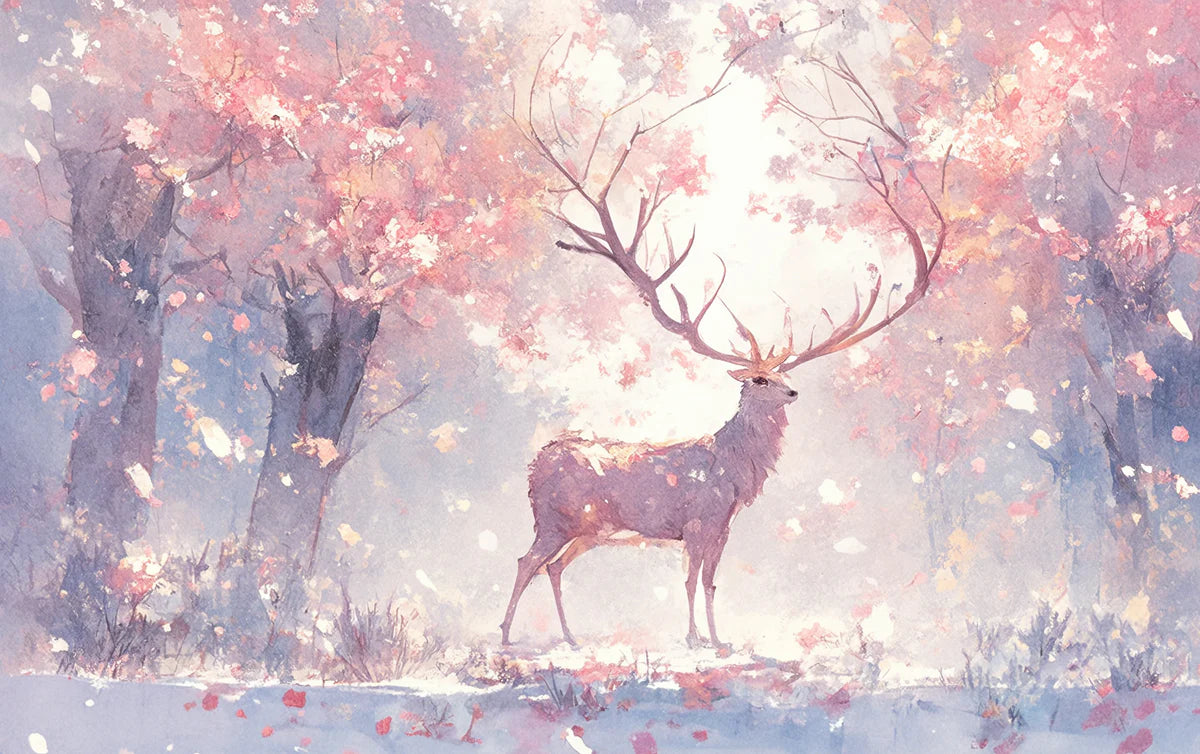 Pink Blossom and Deer Mural Wallpaper Pink, White and Light Brown Deer -1 Mural Wallpaper - room preview 02