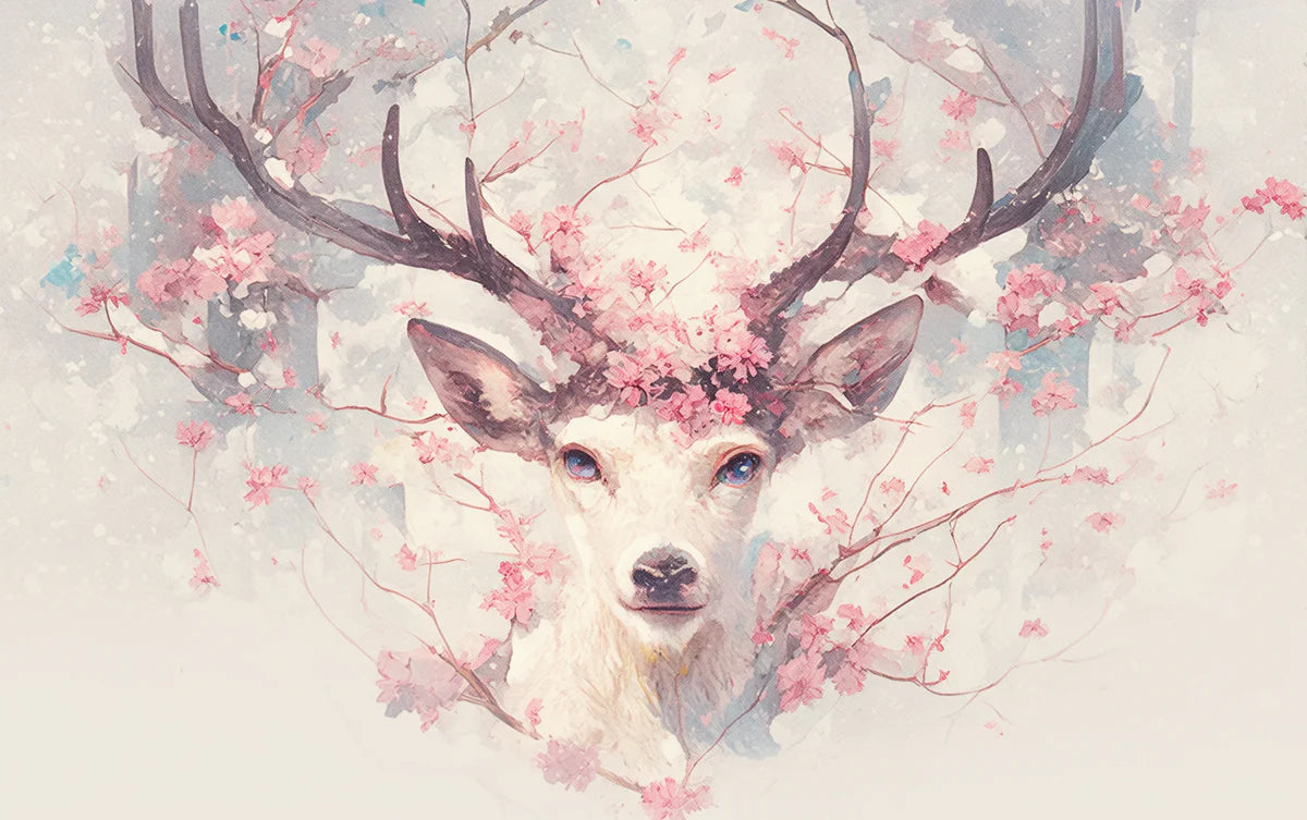 Deer with Floral Antlers Mural Wallpaper Beige, Pink and Light Brown Deer Mural Wallpaper - room preview 02