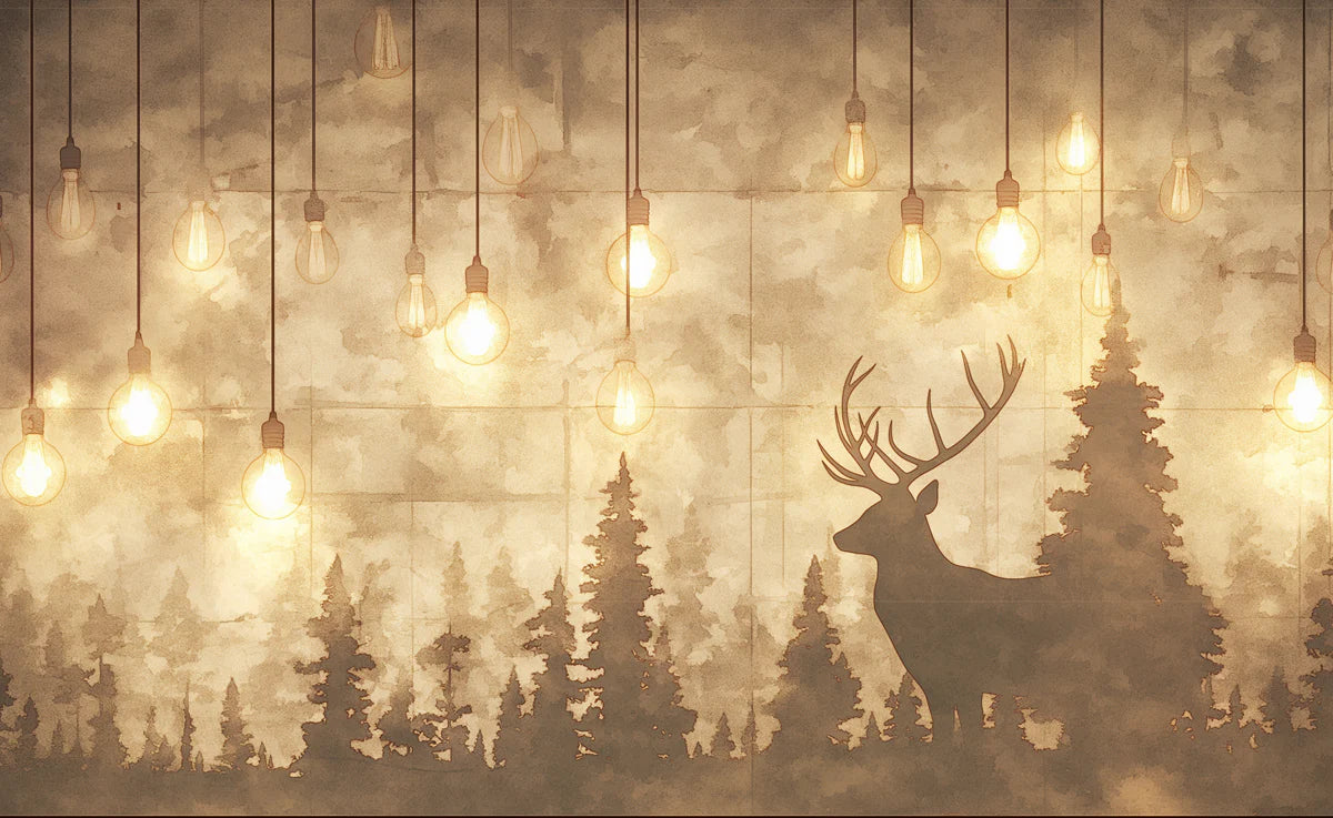 Vintage Deer and Bulb Mural Wallpaper Beige, Brown and Gold Deer -1 Mural Wallpaper - room preview 02