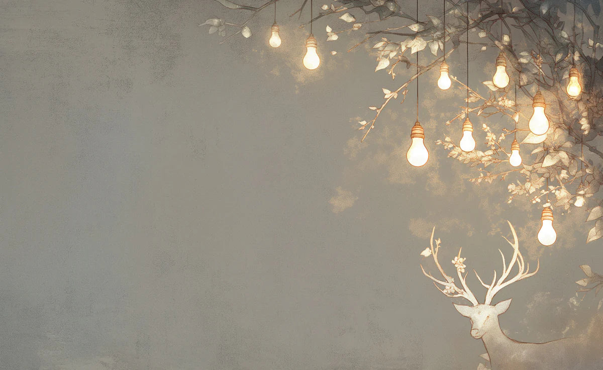 Vintage Deer and Bulb Mural Wallpaper Beige, Brown and Gold Deer -2 Mural Wallpaper - room preview 02