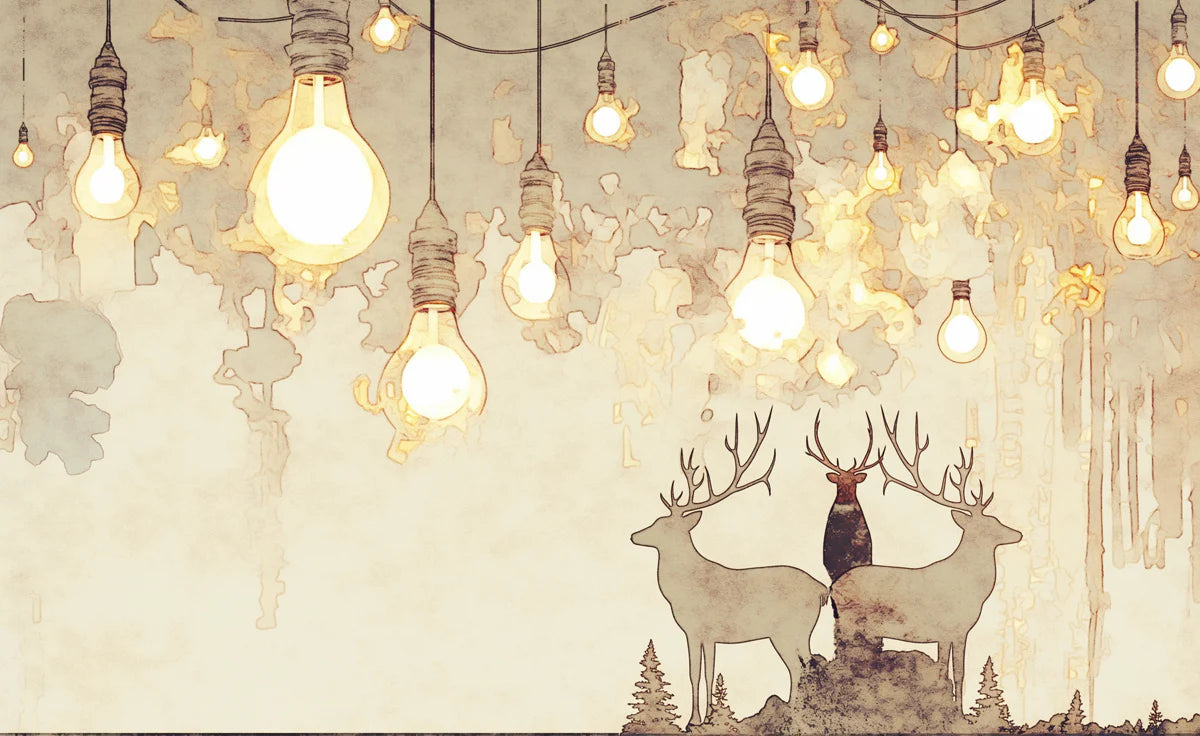 Minimalist Deer and Bulb Mural Wallpaper Beige, Brown and White -2 Mural Wallpaper - room preview 02