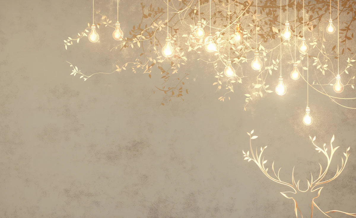 Minimalist Deer and Bulb Mural Wallpaper Beige, Brown and White -3 Mural Wallpaper - room preview 02