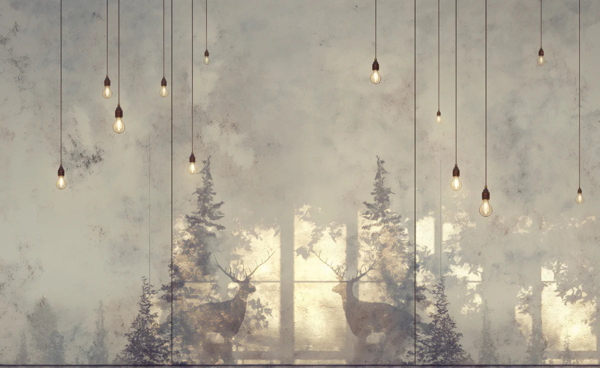 Minimalist Deer and Bulb Mural Wallpaper Beige, Brown and White -4 Mural Wallpaper - room preview 02
