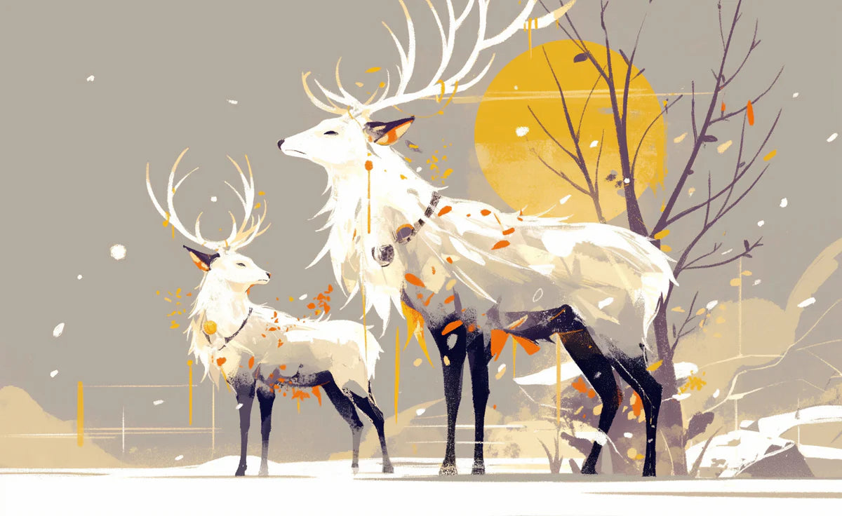 White Deer with Gold Streaks Mural Wallpaper for a living room White, Gray and Gold Deers -2 Mural Wallpaper - room preview 02