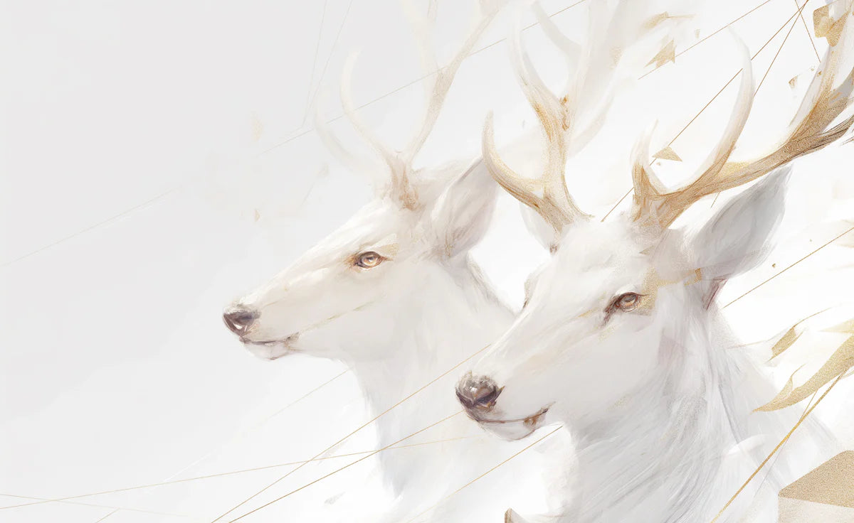 White Deers with Gold Accents Mural Wallpaper White, Gold and Beige Deer Mural Wallpaper - room preview 02